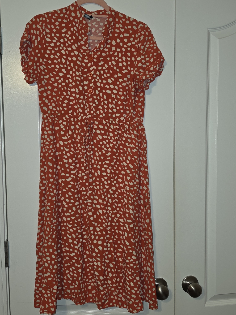 Rust Red Printed Midi Dress with Drawstring Waist